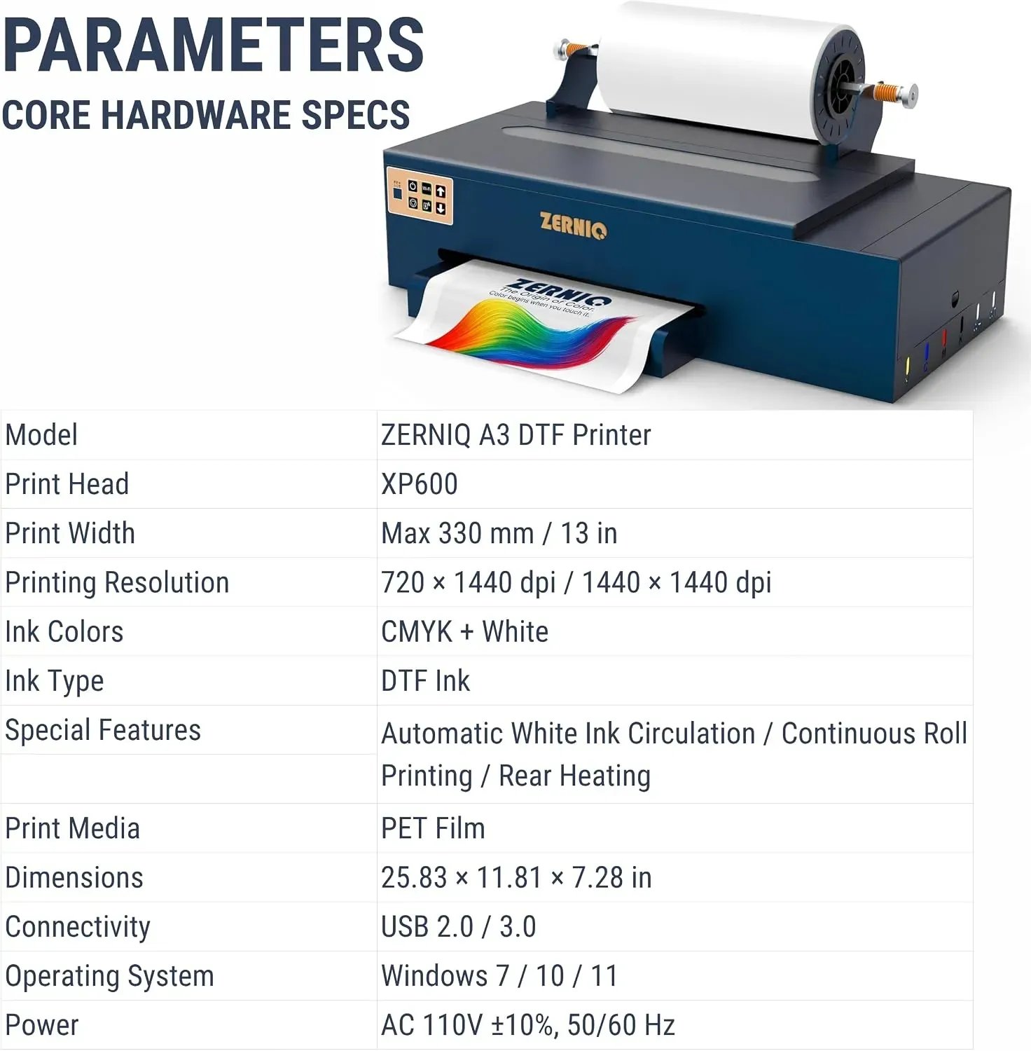 ZERNIQ A3 DTF printer printing on roll-fed PET film