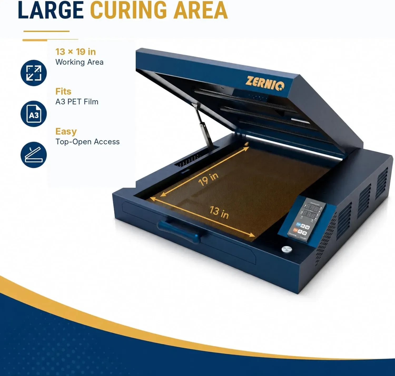 ZERNIQ HT01 DTF curing oven with top lid open