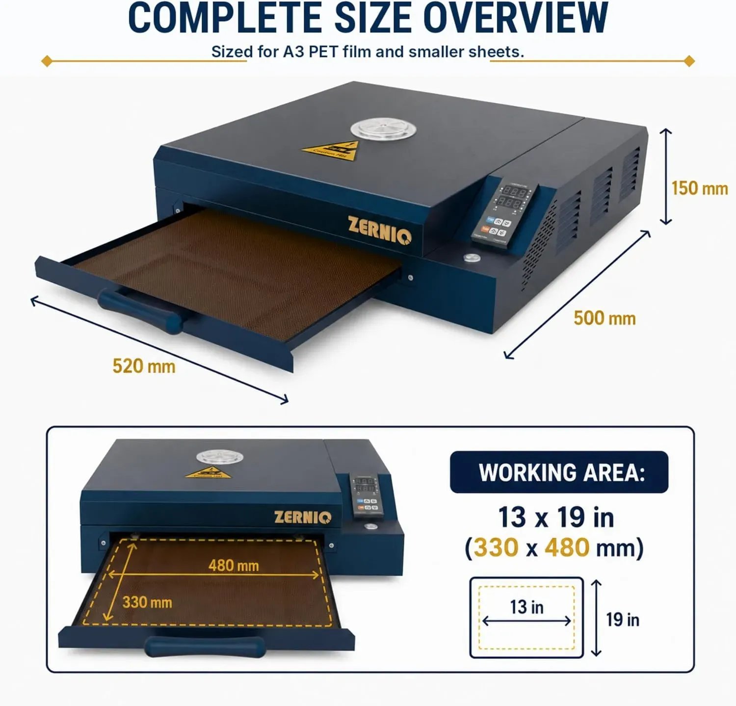 ZERNIQ HT01 curing oven dimensions and 13 by 19 inch work area