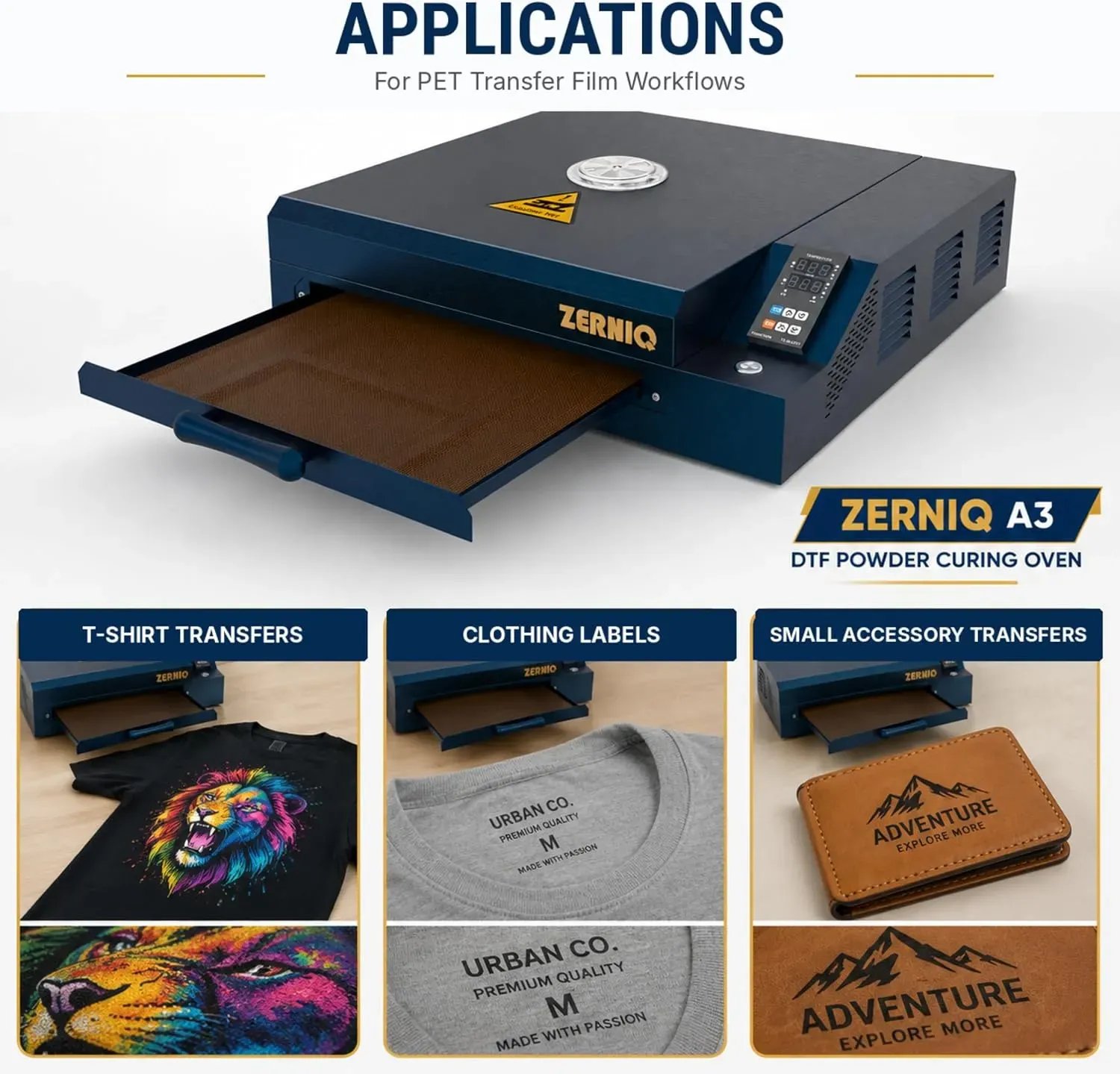 ZERNIQ HT01 DTF curing oven application examples