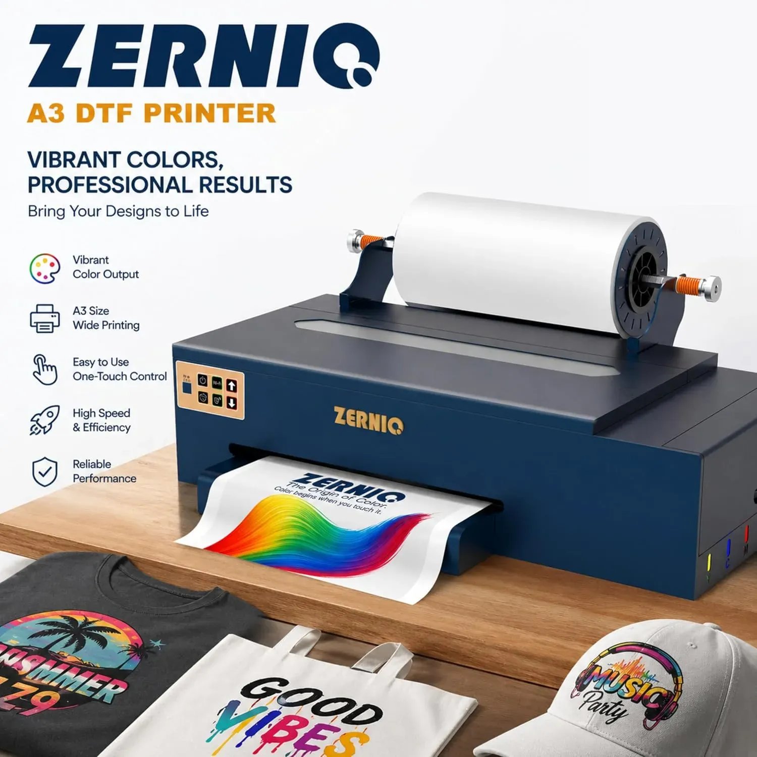 ZERNIQ A3 DTF printer printing on roll-fed PET film