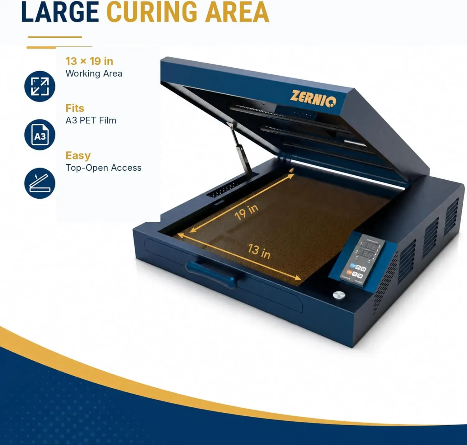 ZERNIQ HT01 DTF curing oven with top lid open