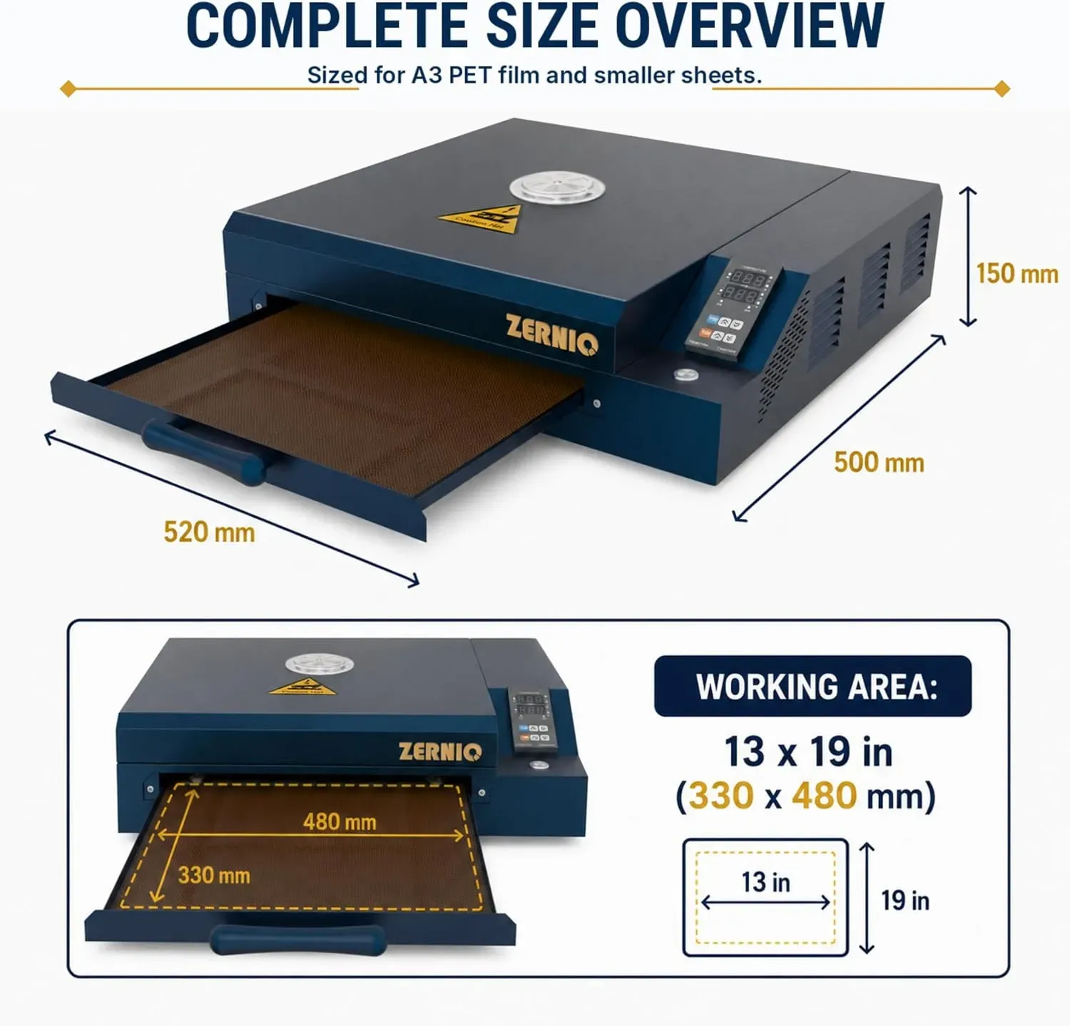 ZERNIQ HT01 curing oven dimensions and 13 by 19 inch work area